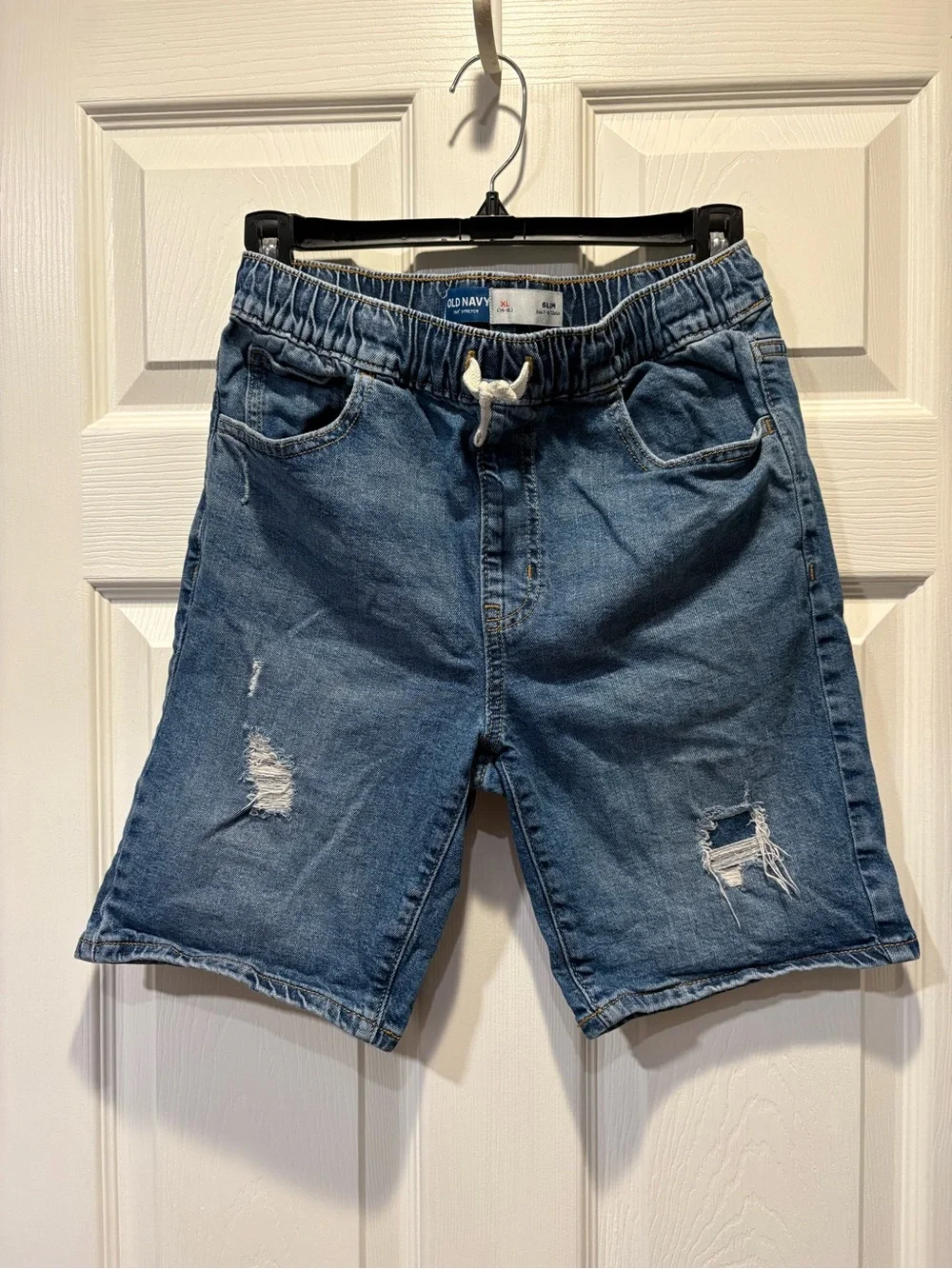 Old Navy Big Kid’s Medium Blue Distressed Denim Drawstring Slim Shorts
